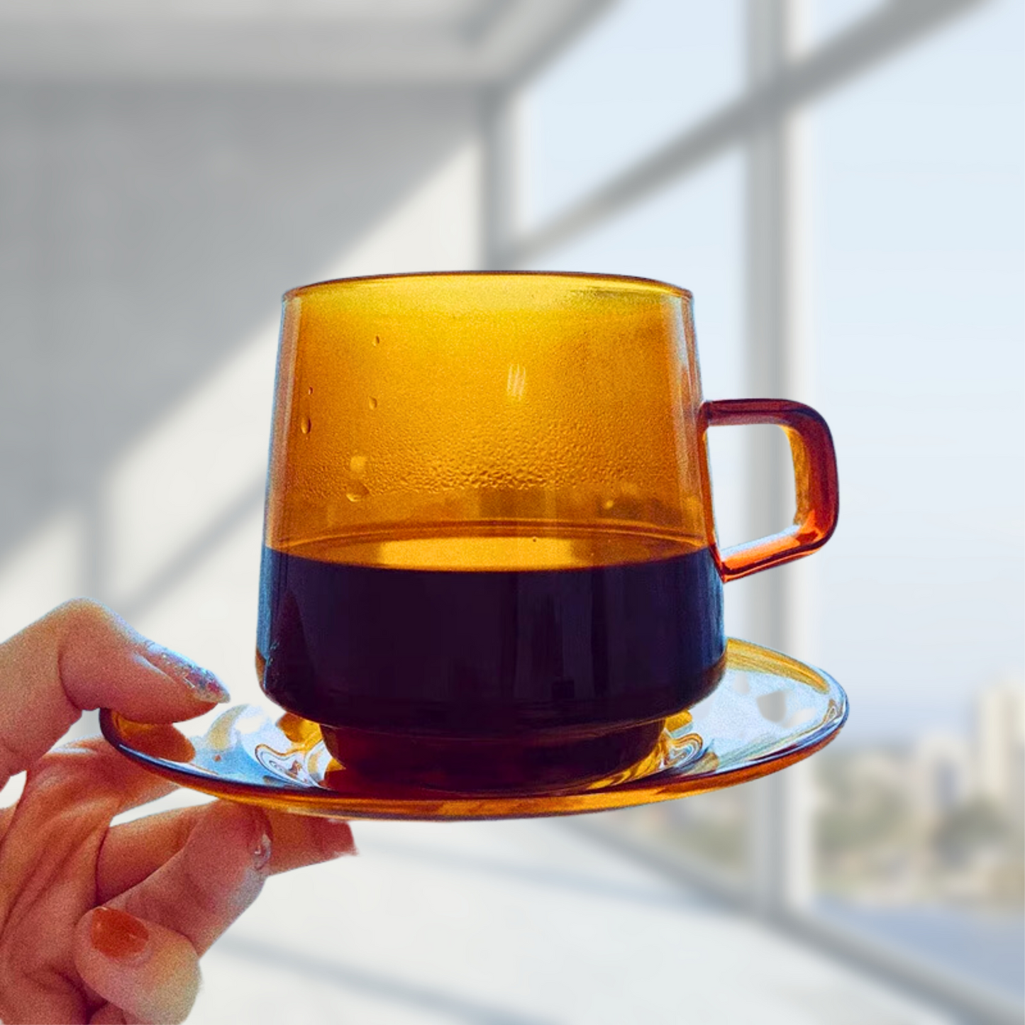 Handblown Amber Glass Cup and Saucer Set