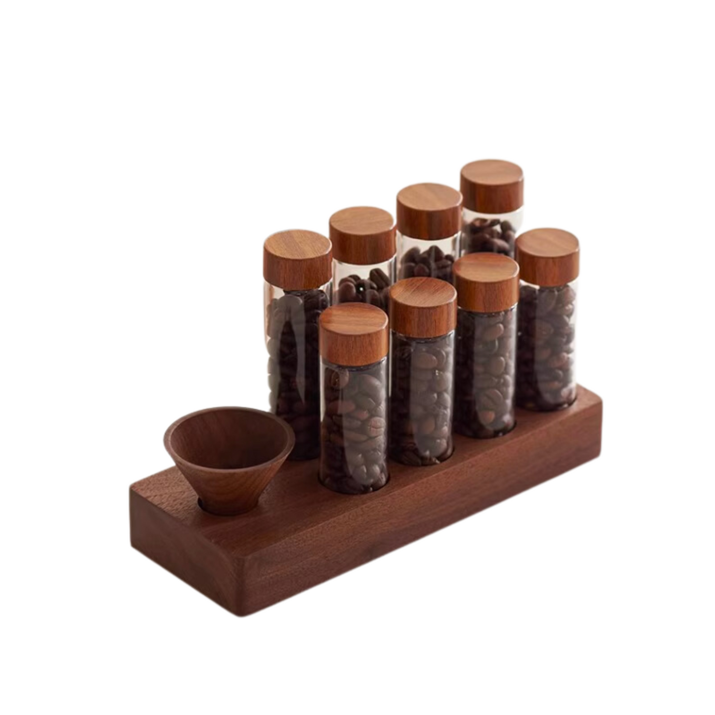 Single Dose Bean Cellar with Walnut Wood Display Rack and Funnel